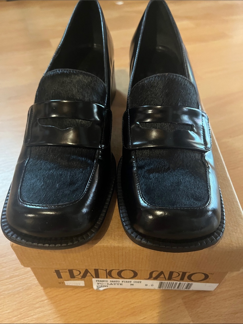 Franco Sarto Black Leather and Haircalf Penny Loafers
